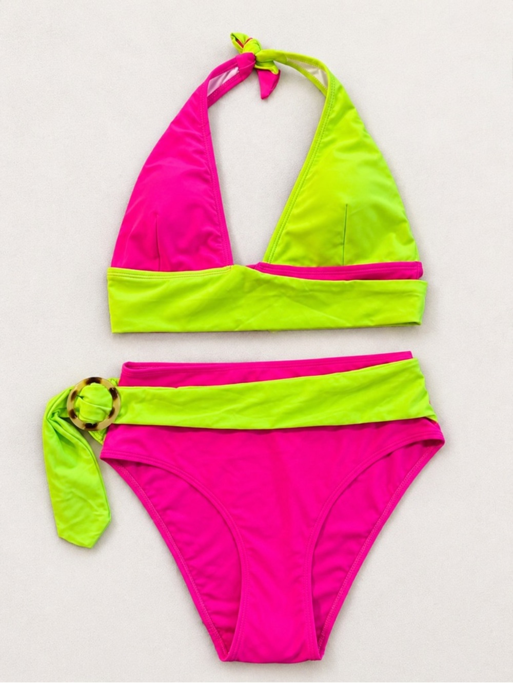 NWOT Neon Pink Lime Green Colorblock One Shoulder Bikini Set Size S